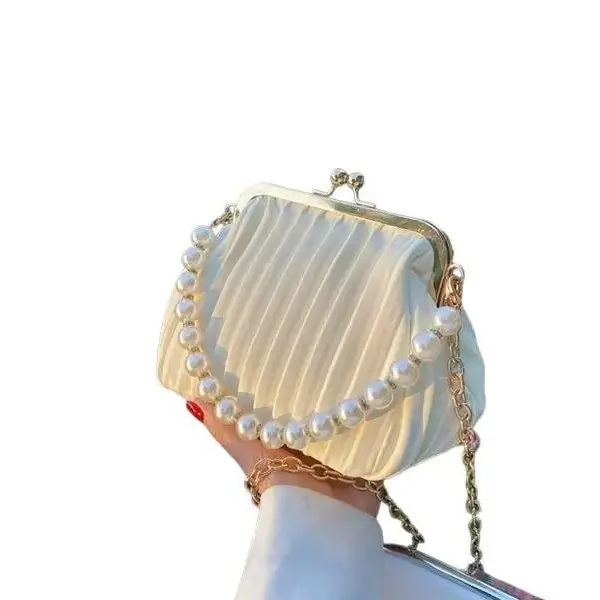 Bride's Bag Bridal Wedding Purse Womens Purse Cute Bride Purse Bridal Shower White Ivory Black Pleated Pearl Clutch Crossbody Removeable Pearl Evening Bags for Women, Small Pearl Evening Purse Handbags for Women, Baby Shower Gift PU Leather