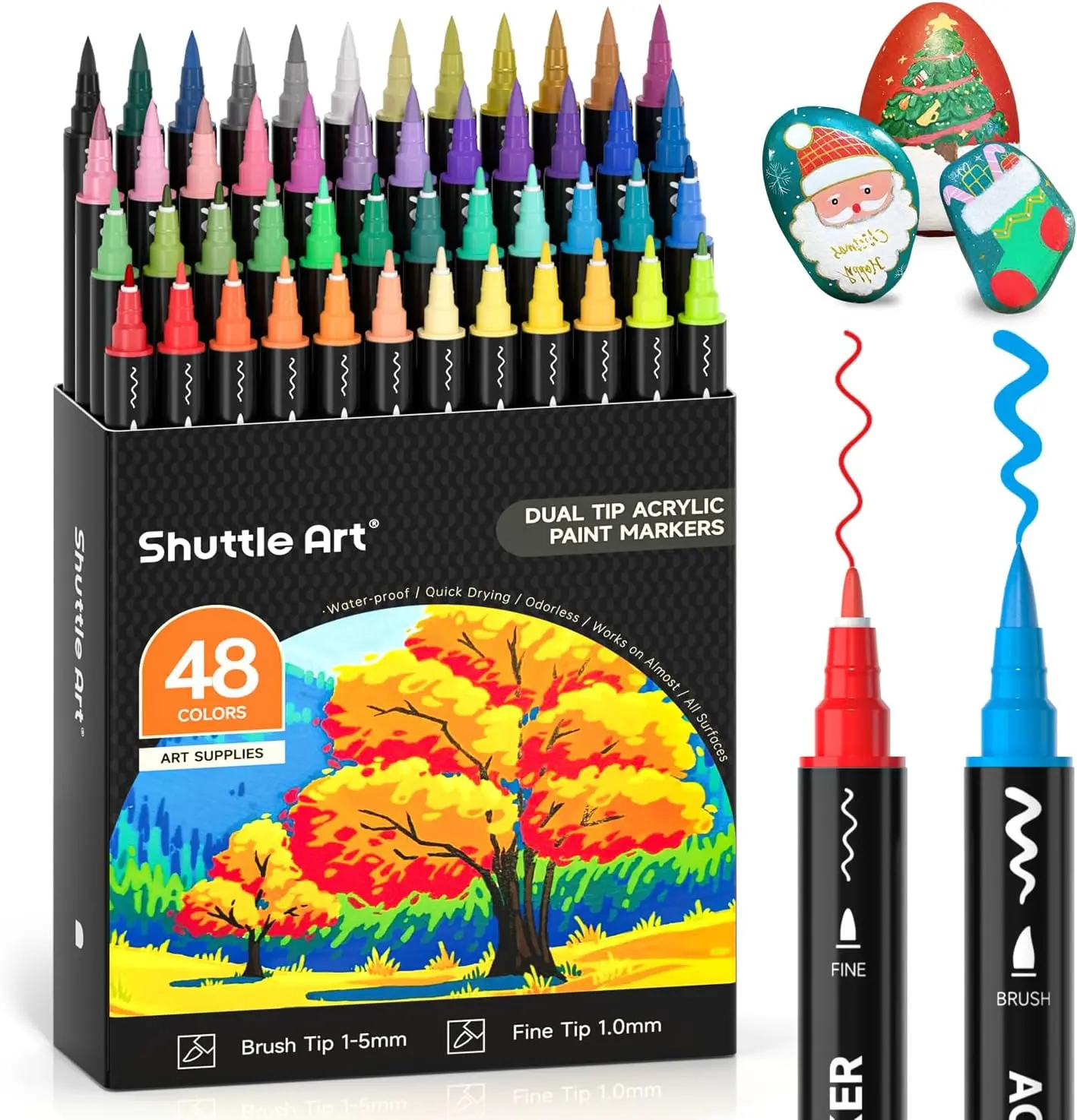 48 Colors Dual Tip Acrylic Paint Markers, Brush Tip and Fine Tip Acrylic Paint Pens for Rock Painting, Ceramic, Wood, Canvas, Plastic, Glass, Stone, Calligraphy, Card Making, DIY Crafts