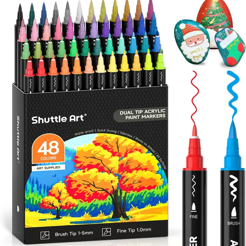 48-Color Dual-Tip Acrylic Paint Markers, Brush & Fine Tip Pens for Ages 12+, Multi-Surface Use for Rock Painting, DIY Crafts