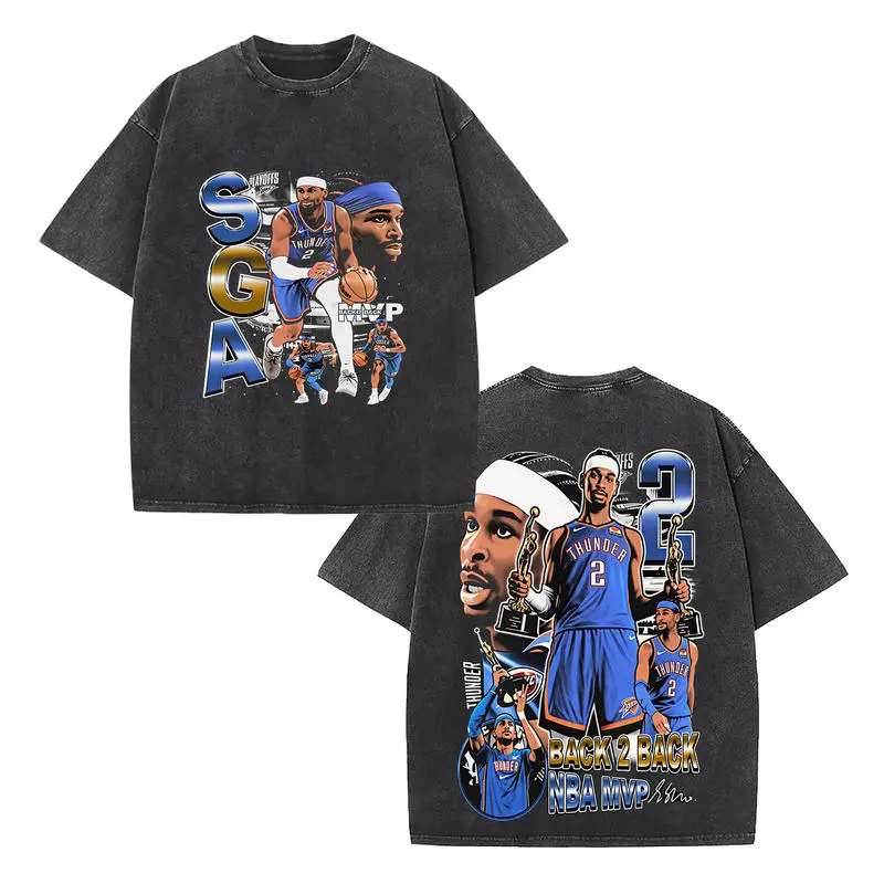 Retro SGA "Back 2 Back MVP" Edition Basketball Graphic Double-Sided Vintage Washed T-Shirt, Unisex Oversized Heavyweight Cotton Streetwear Top, Ideal Gift for Hoops Fans & SGA Supporters