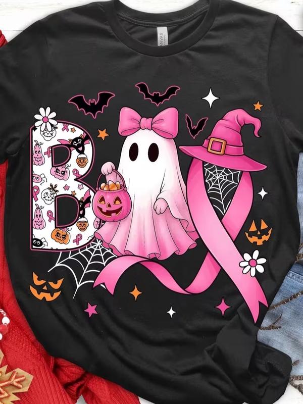 Women's Halloween Breast Cancer Awareness Round Neck Short-Sleeve T-Shirt - Pink Ribbon, Gentle Ghost, Witch Hat, Pumpkin, Bat Prints, Witch-Themed, Ghost Character Graphic, Everyday Casual 1-Piece Top, Gentle Ghost Women's T-Shirts, Ghost Character Graph