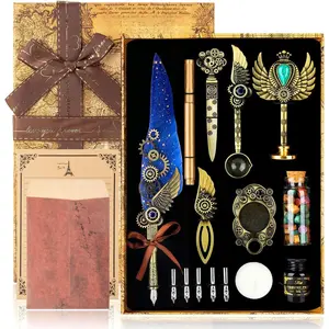 Quill Pen Ink Set with Seal  -  Calligraphy Pen and Ink Set, Wax Seal  Kit, Calligraphy Copybook,Beginner Calligraphy Quill Pen Lovers of  Ages Selection  (Blue)