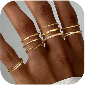 CASSIECA 9PCS Stackable Rings for Women Open Adjustable Rings Cubic Zirconia Thin Thumb    14K Plated Gold  Dainty Statement Promise Band Ring Engagement Wedding Bands