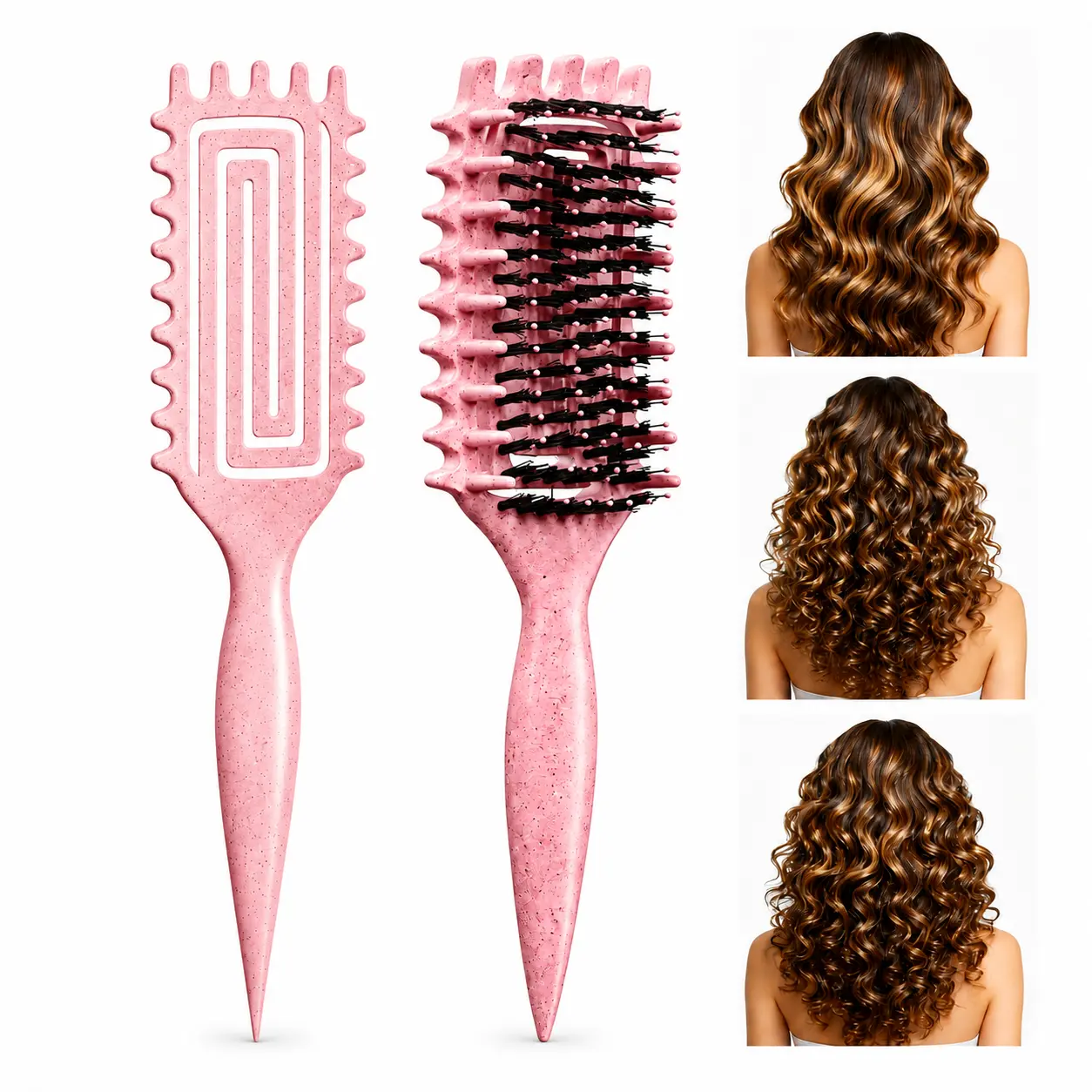 Curl Defining Brush for Curly Wavy Coily Natural Hair, Vented Boar Bristle Hair Styling Detangling Brush, Shapes Smooths Defined Curls Reduces Frizz Breakage, Wet Dry Use Salon Quality Hair Care Tool for Women,Hair Brush