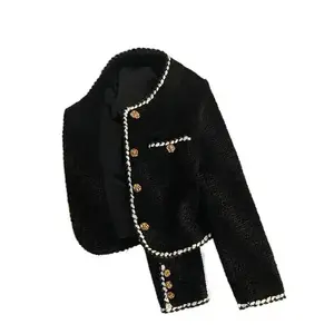 Vintage Tweed Jacket Women Elegant Cropped Quilted Coat Commute Black Blazer Winter Ladies Korean Short Outerwear Tops New