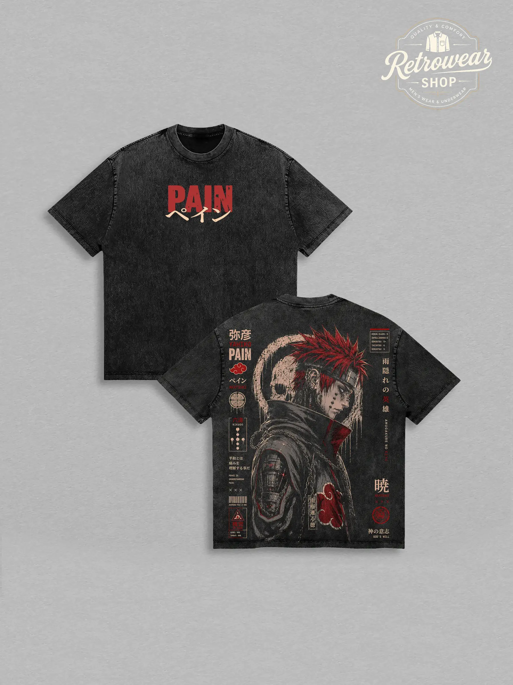 Men's Naruto Anime Pain Yahiko Akatsuki 6-Paths Rinnegan Vintage Washed Oversized Heavyweight Cotton Graphic Streetwear Tee