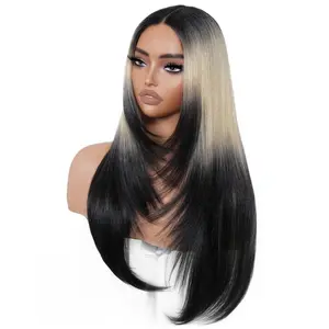 Ombre Blonde Black Wear and Go Glueless Wigs Pre Plucked Pre Cut for Beginners Synthetic Lace Front Wigs With Bangs Long layered Straight Dark Roots 26 Inch 3 Seconds to Wear for Beginners