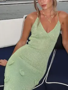 Women's Summer Party Beach Vacation Knit Long Style Cover Up Dress, Floral Decor Backless Tie Strap Slim-Fitting Casual Dress