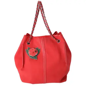 Pre-owned CHANEL Leather Tote Bags Camellia Drawstring Bag Red Solid Flower with Pouch