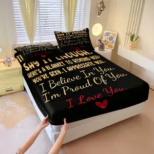 ❤️ 3Pcs "I Love You" Quote Print Fitted Sheet Set, 3 Piece Deep Pocket Bedding Set with Pillowcases, Soft & Wrinkle-Resistant Bed Sheets Set, Romantic Digital Print for Bedroom Decor & Couple Gifts(No Filling)