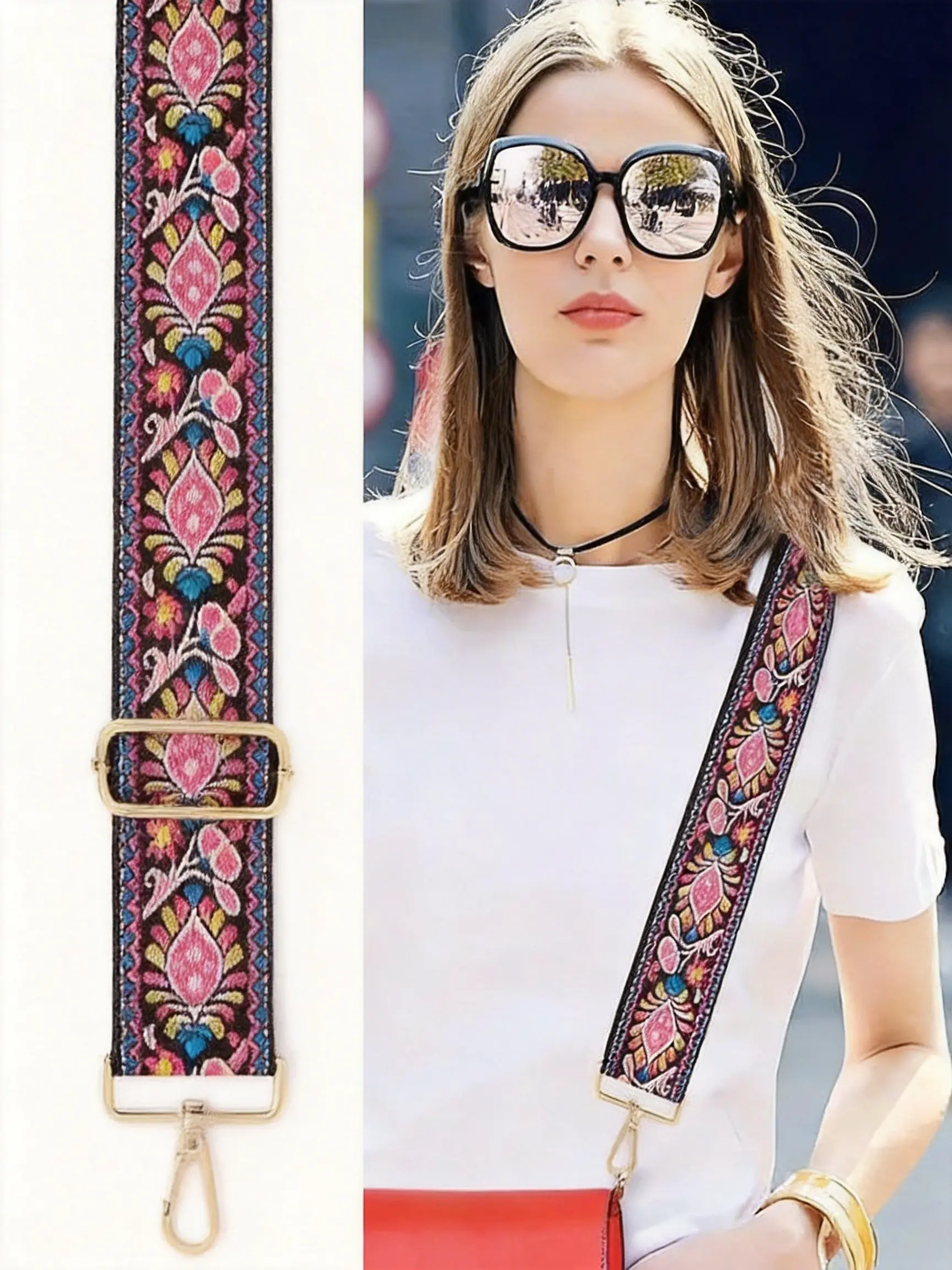 Boho Wide Adjustable Shoulder Straps, Crossbody Strap, Casual Comfy Adjustable Strap, Geometric Embroidered Replacement Belts, Versatile Durable Canvas Metal Buckle, Fits All Bags, Women's Accessories, Handbag Accessory, Purse Accessory