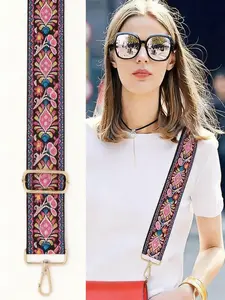 Boho Wide Adjustable Shoulder Straps, Crossbody Strap, Geometric Embroidered Replacement Belts, Durable Canvas Metal Buckle, Fits All Bags, Women's Accessories