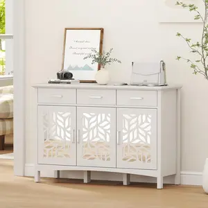 EBELLO Modern White Mirrored Sideboard with Laser Cut Leaf Design, 3 Drawers and 3 Mirrored Doors, Elegant Storage Buffet for Living Room, Dining Room or Entryway