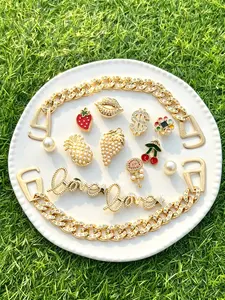 14pcs Sparkly Gold Shoe Charm Set, Fruit Cherry, pineapple, lollipop, grape, strawberry & Chain Decorations, Shoe Decoration Charms for Women, Ideal Birthday Gifts