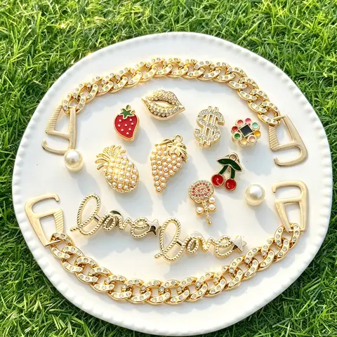 14pcs Sparkly Gold Shoe Charm Set, Fruit Cherry, pineapple, lollipop, grape, strawberry & Chain Decorations, Shoe Decoration Charms for Women, Ideal Birthday Gifts