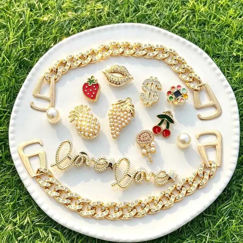 14pcs Sparkly Gold Shoe Charm Set, Fruit Cherry, pineapple, lollipop, grape, strawberry & Chain Decorations, Shoe Decoration Charms for Women, Ideal Birthday Gifts