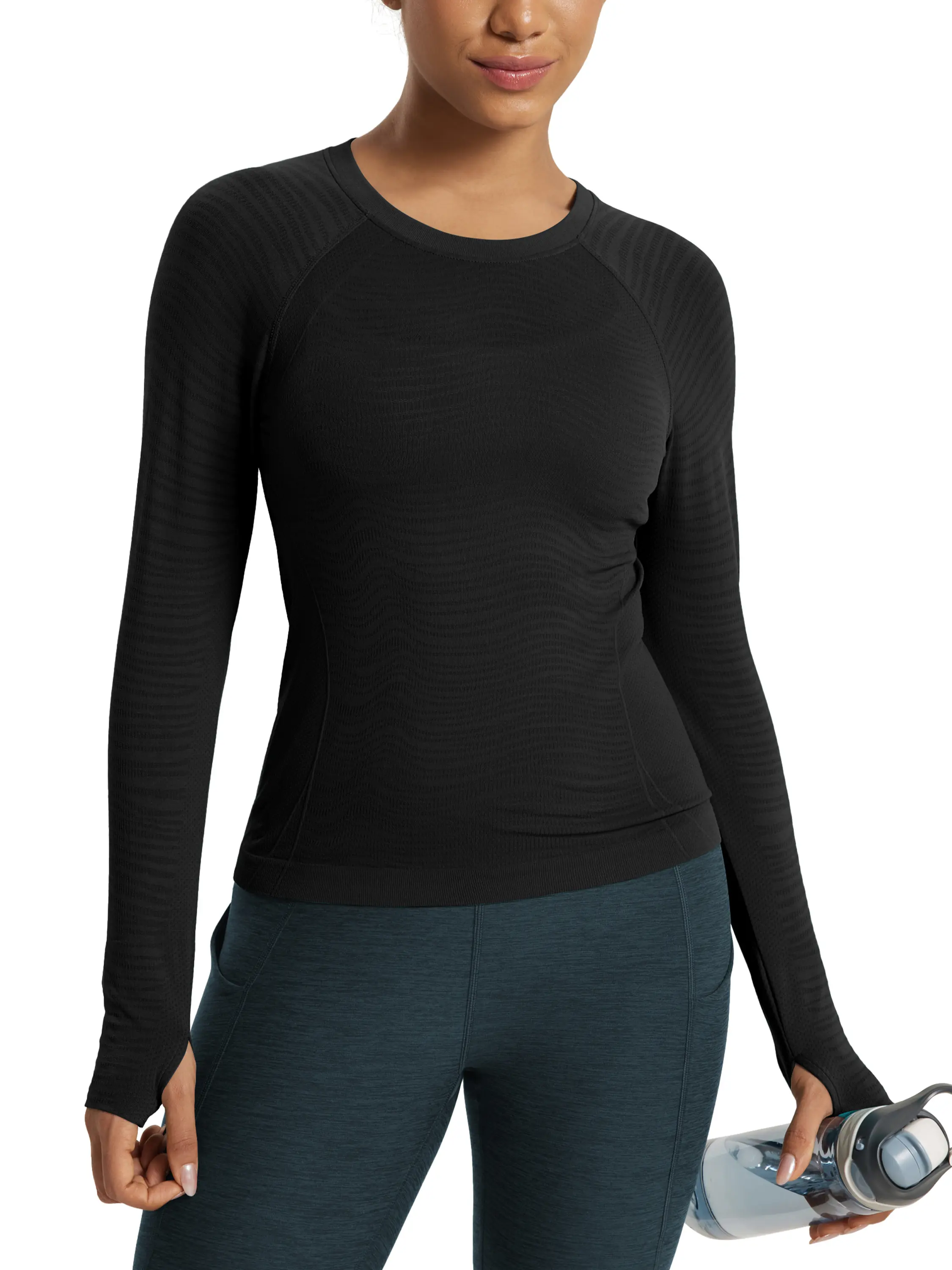 ODODOS Women's Seamless Performance Long Sleeve T-Shirt - Lightweight Breathable Slim Fit Running Workout Top -Waist Length