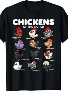 Retro Chicken Breeds T-Shirt - Funny Poultry Farm Art with Chicken Graphics, Suitable for Poultry Farmers & Hobbyists, Machine Washable Casual Round Neck Tee for Casual Attire & Themed Events