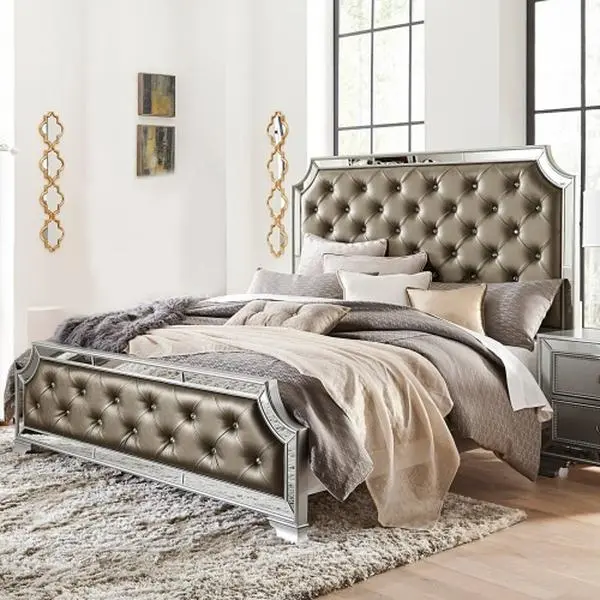 Bellemave  Silver Finish Glam Queen Size Bed Button-Tufted Upholstered Wooden Bedroom Furniture 1pc