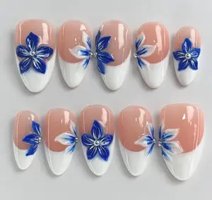 3D Blue Floral Medium Almond Press On Nails , French nails , Nails Design Art , Birthday nails gift , Holiday nails Satamiis