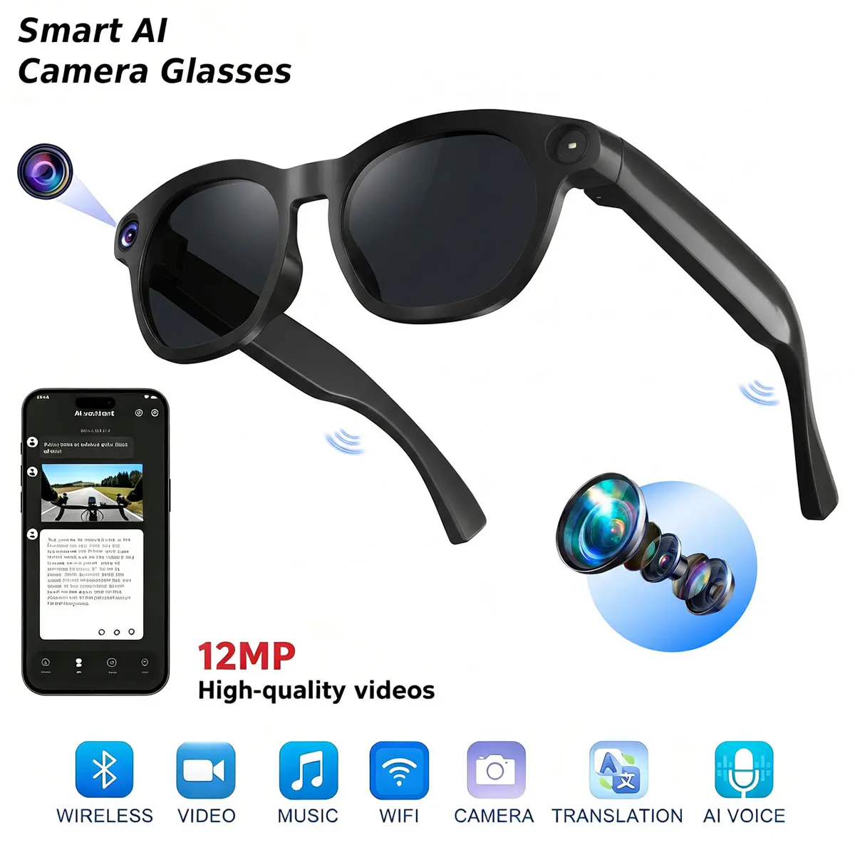 Casual Wearable AI Smart Glasses with Camera - 12MP HD Cam, Video/Photo Recording, Real-Time Translation, AI Assistant, Open Earmuff Design, Audio & Object Recognition, Sunglasses/Transparent Style, Batteries Included