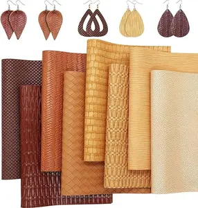 8Pcs/Set New Weave Embossed Textured Faux Leather Sheets Yellow Brown Series Mixed Woven Lattice Striped Vinyl Fabric A4 8 x 12Inch for Earrings Hair Bows DIY Crafts