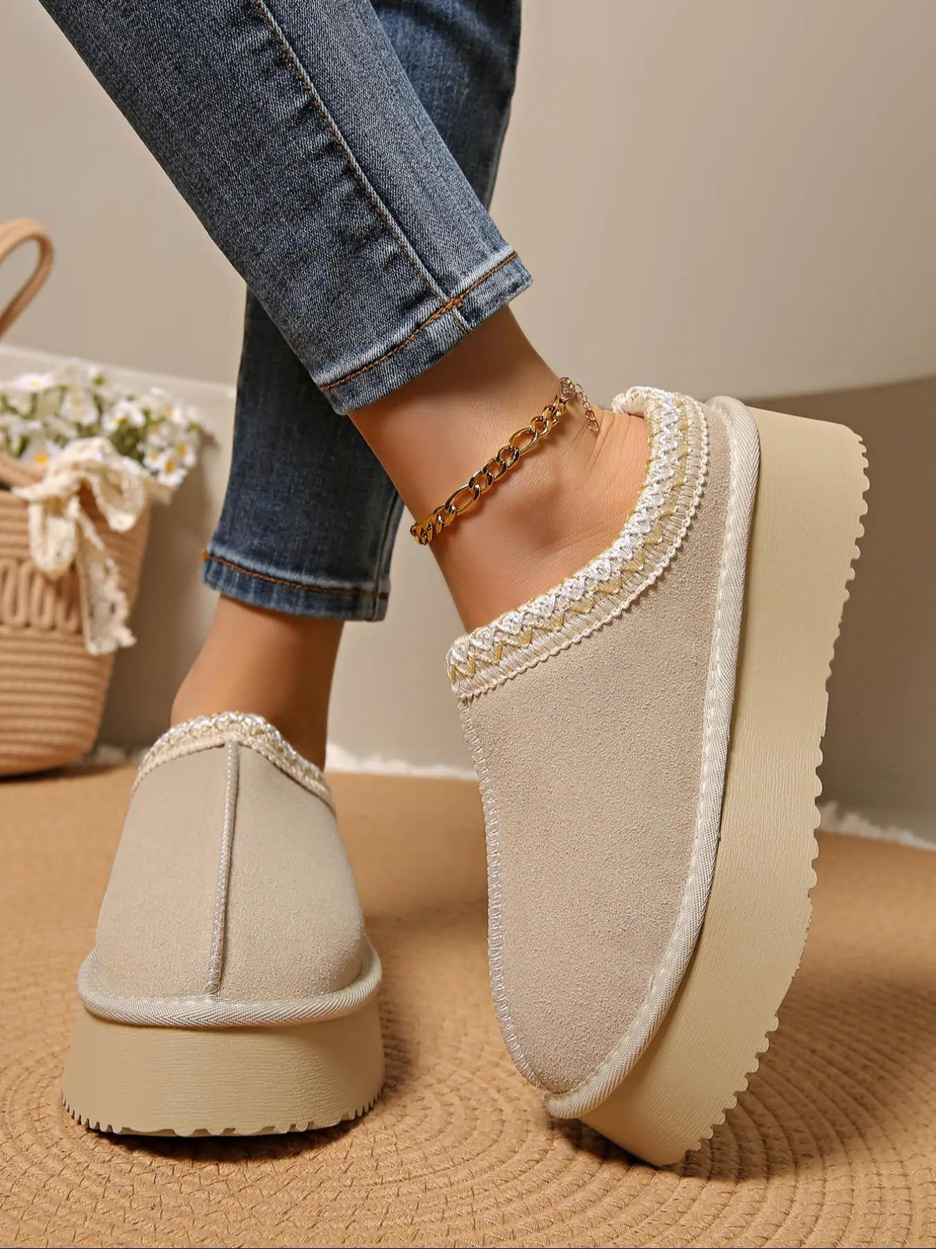 Women's Solid Color Plush Lining Slippers, Casual Soft Comfortable Home Slippers, Warm Slippers for Indoor & Outdoor Use for Fall & Winter