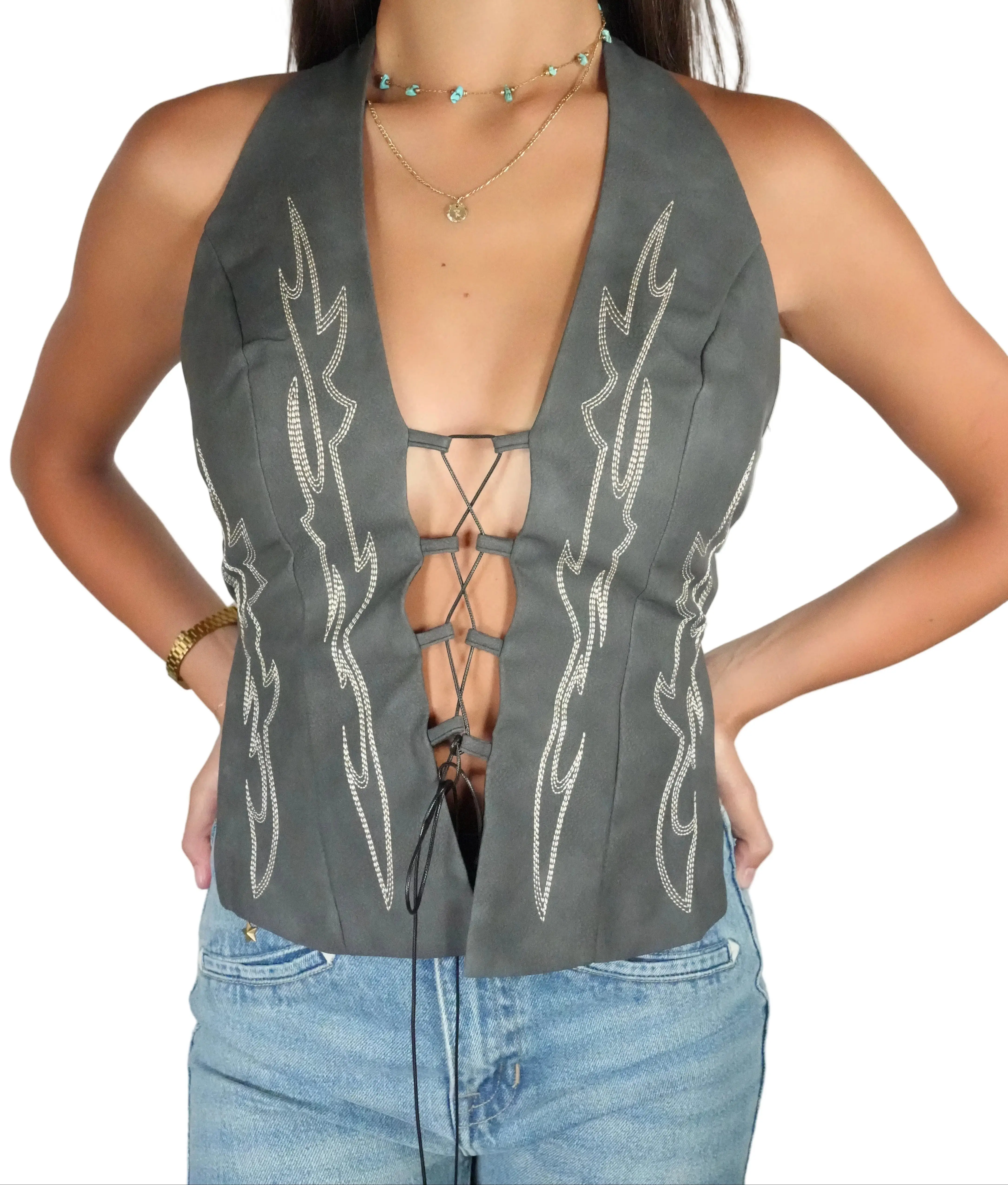 Women's Leather Embroidered Halter Western Corset Top - Charcoal Grey