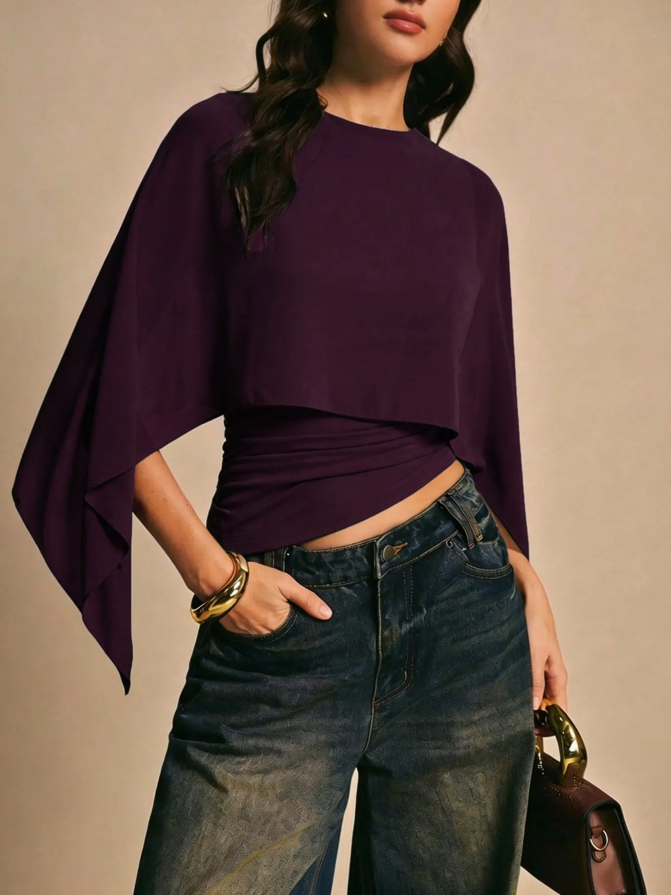 Fashion Women's Shawl Neck Casual Top, Elegant Asymmetrical Shirt, Batwing Sleeve, Fit, Perfect for Daily Wear, Outing, Commute, Womenswear