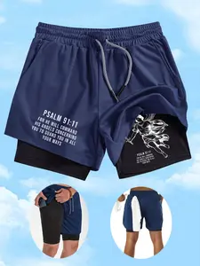 Men's PSALM 91:11 Print Sporty Gym Shorts with Drawstring Waistband, Pocket Design, Comfortable Fitted Fitness Shorts for All Seasons, Stretch Shorts