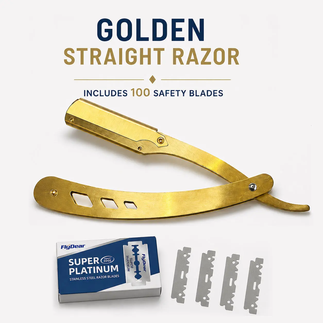 Golden Straight Razor for Men – Professional Barber Shavette with 100 Safety Half Blades, Stainless Steel Folding Razor for Beard Shaping, Precise Daily Grooming, Reusable, Travel-Friendly Grooming Kit sharp handheld razor blade Set shaving gear head