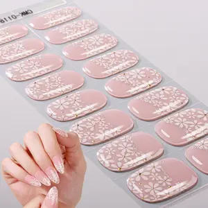 16 tips Gel Nail Full Wraps, Pink Nail Strips, Glitter Floral&Gold dots Design, Long-Lasting Self-Adhesive Short Full Nail Stickers, One Time Use, Suitable for Women And Girls, UV Free, Easy to Apply Remove, Manicure Stickers