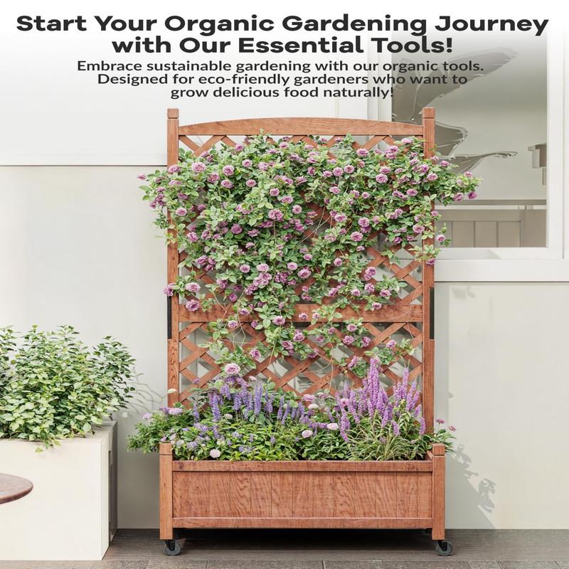 1PC Wood Planter Box with Trellis - 29.5"x26"x61.5" Tall Raised Garden Bed with Wheels, Drainage Holes, Vertical Flower Stand for Patio Horticulture