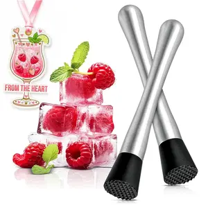 2 Pcs Bar Muddler for Cocktails - 8" Stainless Steel Muddler for Lemonade with Glass-Safe Grooved Nylon Head, Dishwasher Safe - Lemonade Stand Supplies for Mojitos, Citrus, Mint, Herb & Fruit Mixing