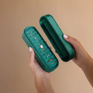 11 Slot Green Velvet Ring Box by Caitlyn Minimalist - Slim Ring Holder - Minimalist Jewelry Organizer - Jewelry Travel Case - Perfect Gift for Her
