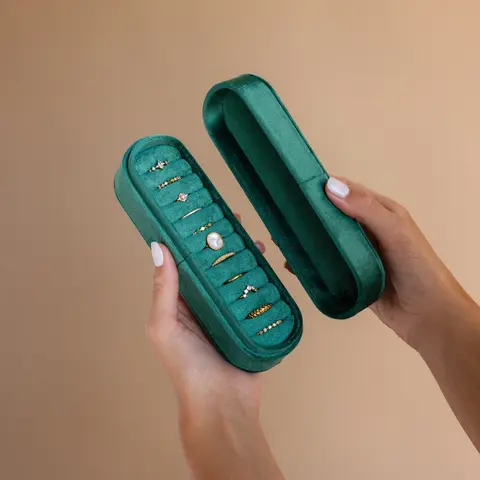 11 Slot Green Velvet Ring Box by Caitlyn Minimalist - Slim Ring Holder - Minimalist Jewelry Organizer - Jewelry Travel Case - Perfect Gift for Her