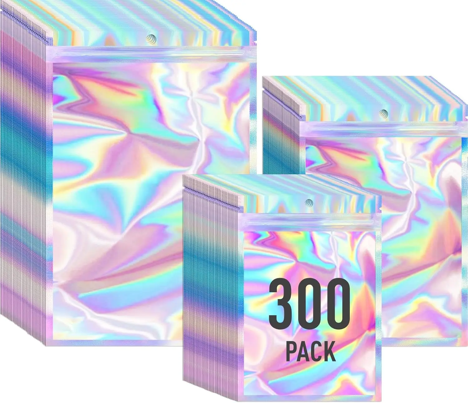 300 Pack Holographic Mylar Bags with Clear Window, 3 Size Smell Proof Packaging Bags for Small Business, Resealable Small Foil Zipper Pouch for Candy Jewelry Goodie Gift & Party Favors