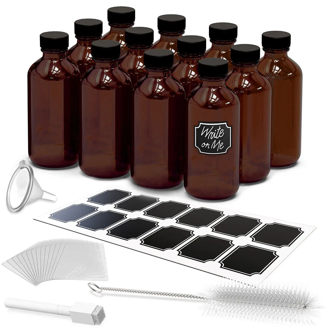 Nevlers 8 Oz Leakproof Boston Round Amber Glass Bottles (Pack of 12)