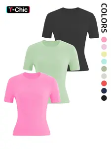 3 Pack Women's Sporty Short Sleeve Tops, High Stretch Tight Fit Round Neck Shirts for Running Yoga Cycling Casual Wear, All Season Activewear