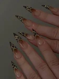 Handmade Gold Leopard Press On Nails, Long Stiletto Nail Art