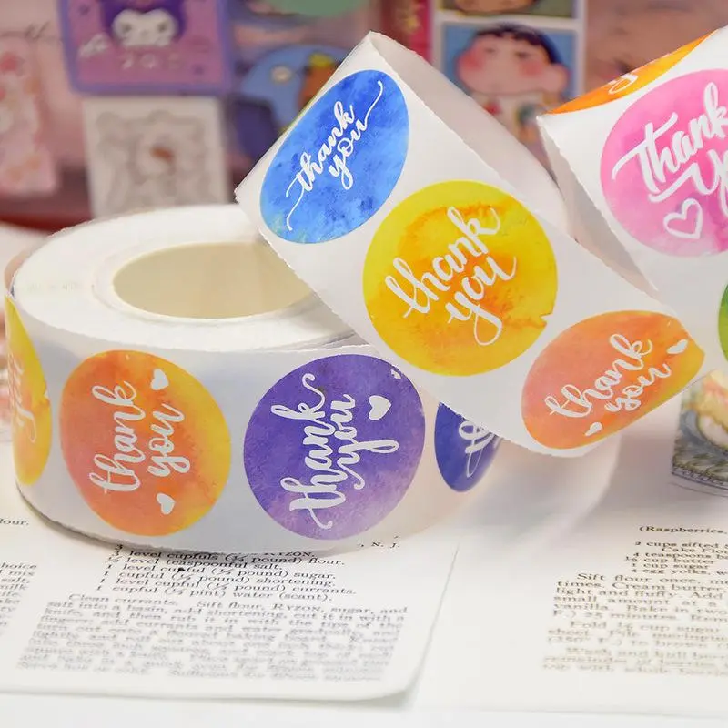 Colorful Thank You Series Graffiti Sticker, 500pcs/roll Round Label Waterproof Decorative Sticker, DIY Decorative Sticker for Phone Case, Laptop, Notebook, Helmet, Skateboard, Decoration Sticker, Decorative Labels