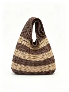 Fashionable Women's Knitted Tote Bag, Large Capacity Mesh Pouch, Boho Striped Design, Summer Beach Vacation Backpack, Summer Hobo Tote, Beach Purse, Fashionable Bohemian Bag, Beach Bags