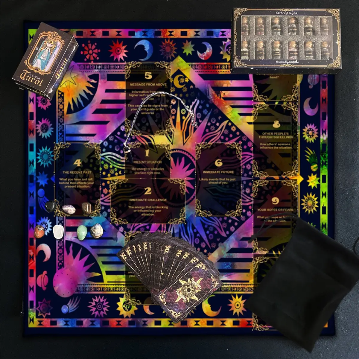 6PC Celtic Cross Tarot Reading Set, Tarot Astrology Set, Spiritual Divination, Interpreting, 78 Tarot cards, 12 mineral bottles, 7 chakra stones, 1 polyester drawstring bag, 1 tablecloth, 1 pendant, a gift for tarot scholars