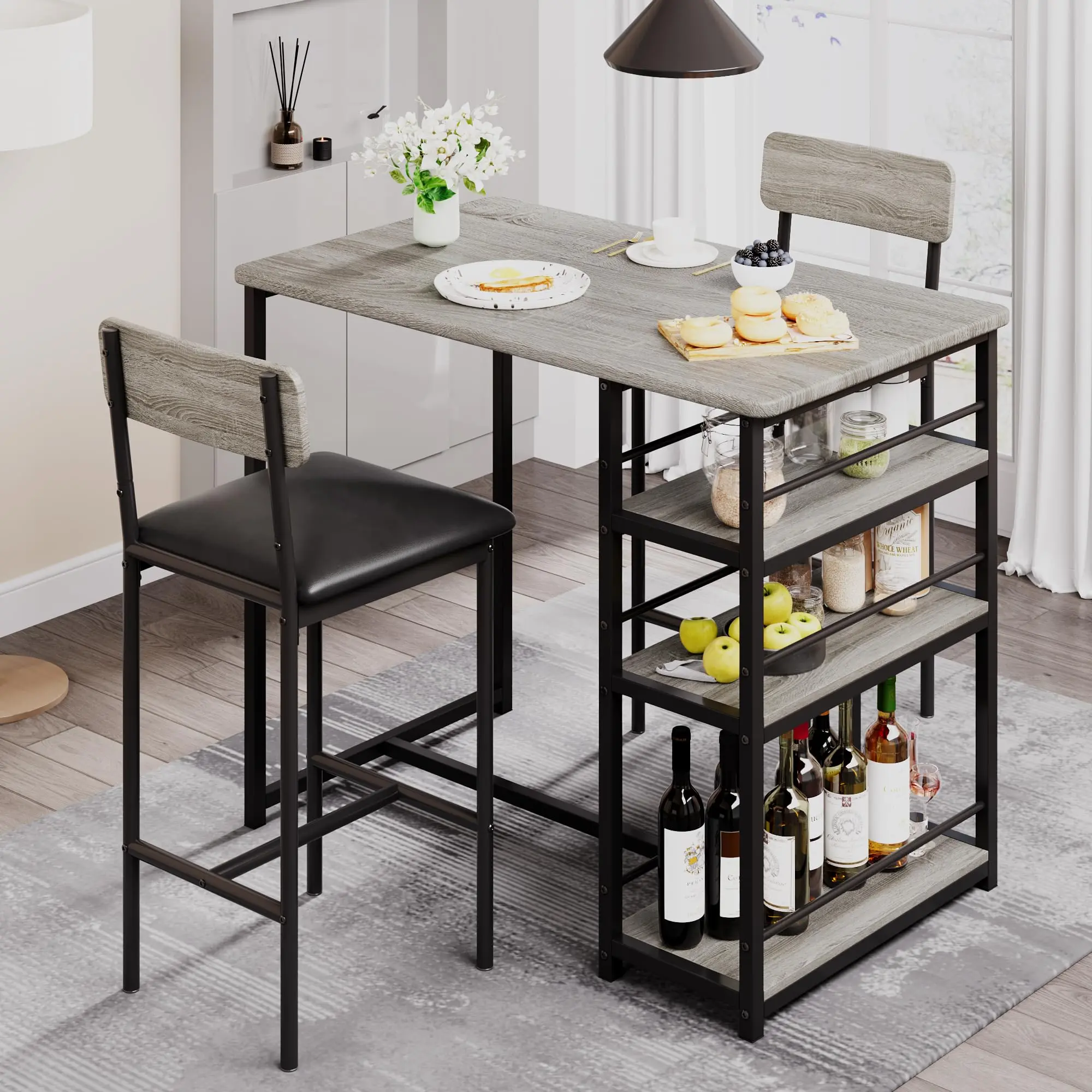 Garvee and Garvee 3-Piece Counter Height Bar Kitchen Table Set with Upholstered Bar Stools, Rustic Gray and Velvet Gray Dining Set Featuring Storage Shelves, Ideal for Small Apartments and Kitchens