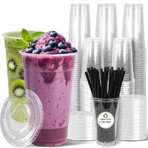 50 Pack 24 oz Clear Plastic Cups with Lids and Straws, Disposable PET Cups for Iced Coffee, Smoothie, Boba Tea, Leak-proof & BPA Free