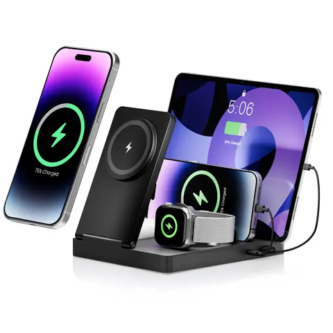 5-in-1 Magnetic Wireless Charging Station - 36W Fast Charge Dock for iPhone 12-17, Apple Watch, AirPods, iPad, Samsung & USB-C Devices, MagSafe Alignment, USB-A/Type-C Ports for Home Office