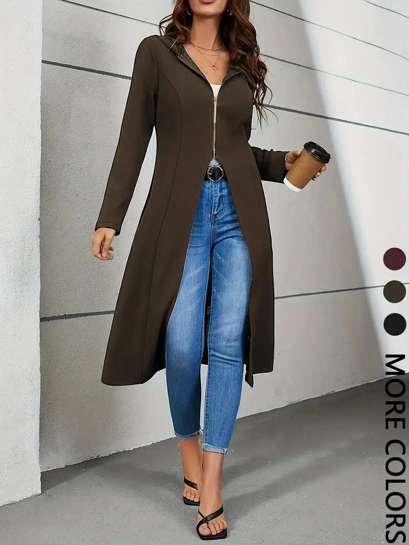Women's Zipper Hooded Fitted Cut Long Jacket, Elegant Basic Solid Color Sleeve Coat, Casual Longline Outerwear, Fashion Womenswear for Fall & Winter Seasons outerwear minimalist timeless