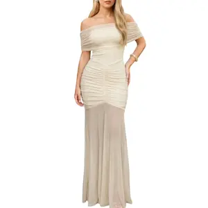 Chic Slimming Front Ruched Sheer Mesh Mermaid Maxi Dress Cream White Off Shoulder Fold Neck Party Outfit XTK4707M