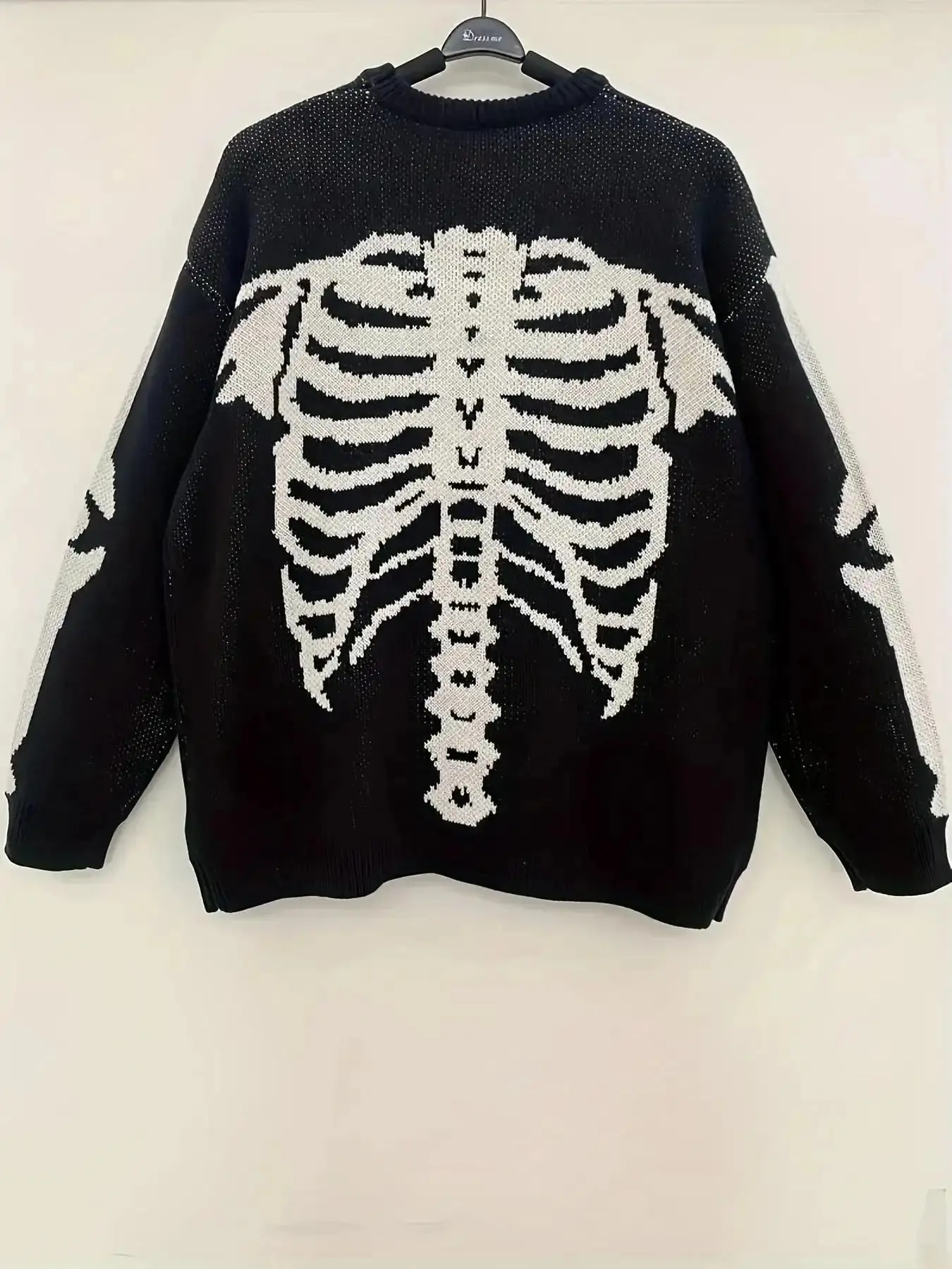 Women's Halloween Themed Skeleton Drop Shoulder Sweater, Casual Vibe Long Sleeve Round Neck Jumper for Daily Holiday Vacation Wear, Knitwear Fall, Womenswear, Tops, Lady cold weather lightweight contemporary loose fit