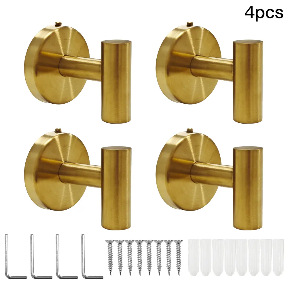 Heavy Duty Stainless Steel Wall Mounted Towel Rack Bathroom Multi Colored Towel Hooks + Robe Hook Set Gold (4 Piece Drilling Required) - Fits Bathrobes/Towels/Jackets retractable  towel  bar bathroom  caddy